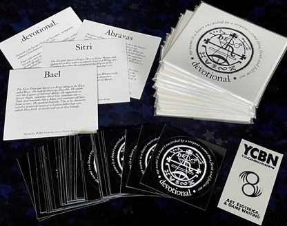Collection of cards and stickers with text and logos on a dark background